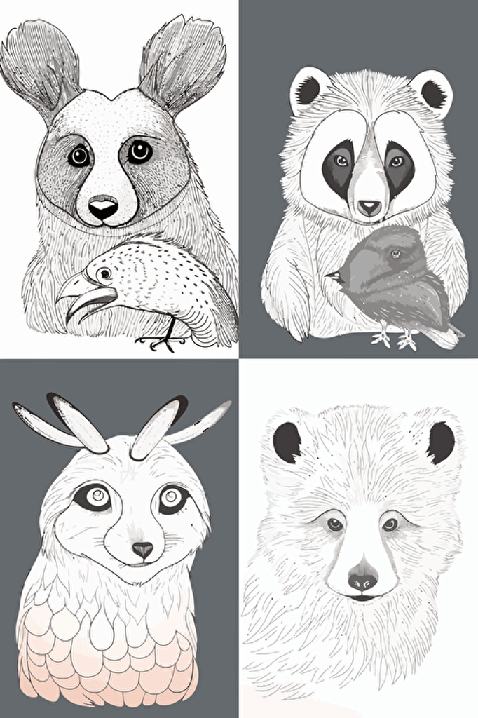 coloring pages for kids, 4 different animals separated by space, cartoon style, vector, little detail, no shadow, black and white, white background