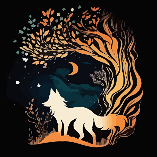 incredible looking kitsune with many flowing tails in asain forest at night, vector logo, vector art, emblem, simple cartoon, 2d, no text, white background
