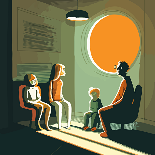 Subject: a family sitting in a waiting room of a psychotherapist’s office, with nice light coming in through the window and a mixture of apprehension and relief on the families faces, in the style of children's vector illustrators v 5 aspect ratio 9:16