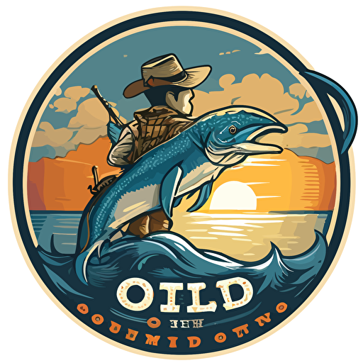 Logo and brand for the "Saltwater Cowboy OBO" featuring view from a modern fishing boat looking out at a young athletic Cowboy, tan skin, wearing a cowboy hat, sunglasses, riding on top of a large blue marlin jumping out of the ocean with the sunset in the background, flat, vector, 2D, modern