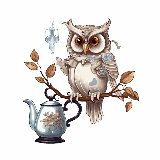 a happy Owl holding a glass coffee pot, gray color, cream color owl, sitting on a branch, white background, vector illustration, illustration
