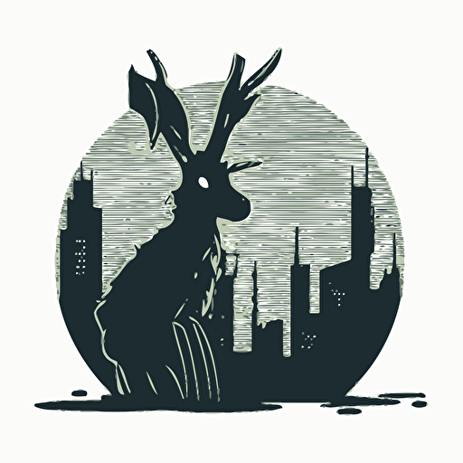 funny jackalope in bad part of city, vector logo, vector art, emblem, simple cartoon, 2d, no text, white background