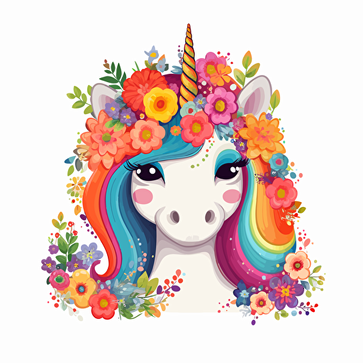 cute rainbow unicorn, flowers, detailed, cartoon style, 2d clipart vector, creative and imaginative, hd, white background