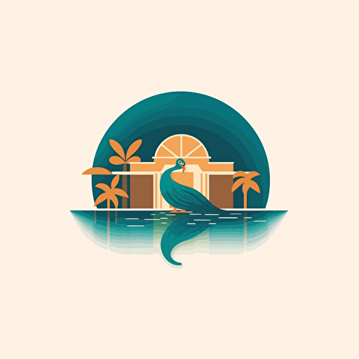 minimalist abstract vector simple logo, only simple shapes, low detail, luxury cabanas, cabanas are close to the top of a hill, the hill is next to a lake, there is a peacock in the roof of the cabana