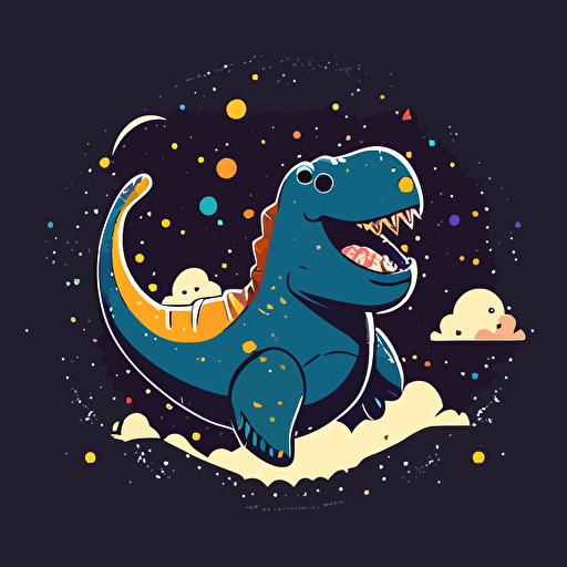 Cute Dinosaur floating in space surrounded by stars and galaxies, cute happy smiling adorable, vector illustration style