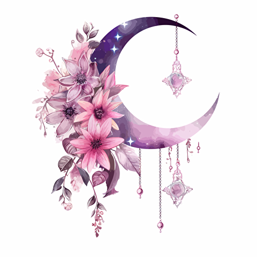 crecent moon with flowers and dangling crystals pinks purples white background vector