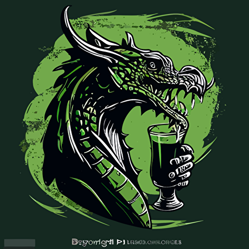 Vector logo of a dragon drinking a beer in a party , minimal Black and green