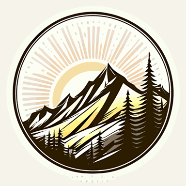 a circular logo, mountains with pine forests on lower slopes, morning sun coming over mountains, innovative mood, in a modern logo style, CONTOUR, VECTOR, WHITE BACKGROUND