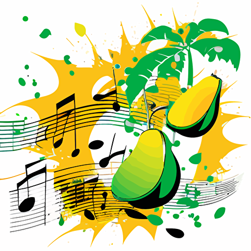 vector pop art, mangoes, coconuts, musical notes, yellow and green colors, white background, flying
