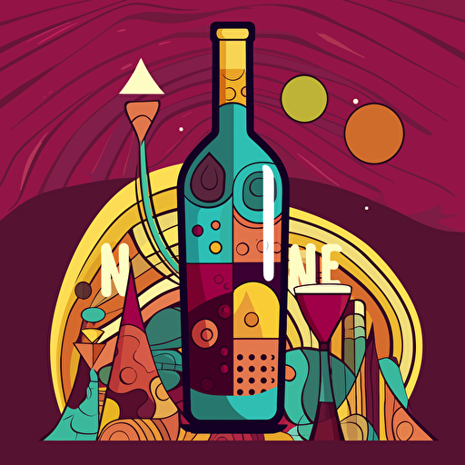 vector logo, multicolored wine bottle and glass, whimsical illustration, primary colors