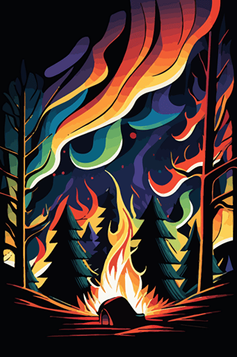 campfire, three colors, pop art deco illustration, hand vector art, black background,