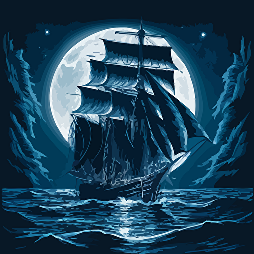nautor swan 53 at night on rough seas with huge moon. shades of blue vector style.