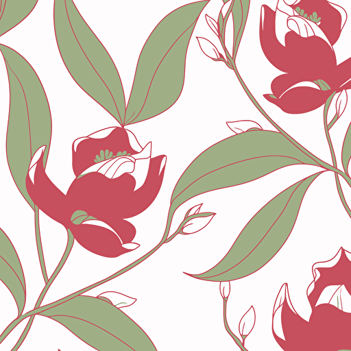a vector flat image of a curved single stem of gum flowers up close. No shading. Block print red pink and green. Up close. With leaves. Accurate.