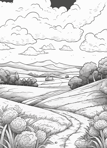 2d illustration, simple vector beautiful landscape coloring page