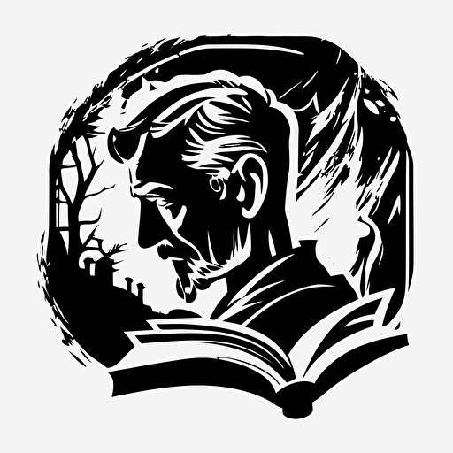 vector, logo, for a bookstore, a mysterious man reading a book, black and white