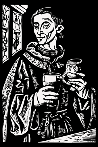 woodcut of John Addams holding two mugs of ale, black and white, Durer, woodcut, vector