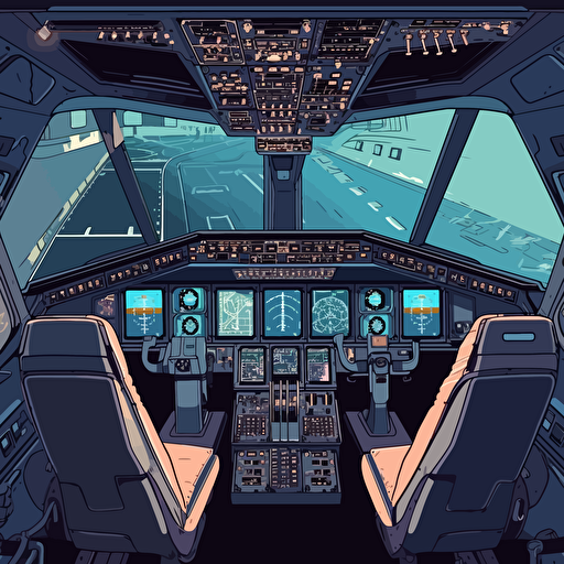 a cockpit of a Boeing 747 with a futuristic industrial robot controling the airplane. Vector style for storyboard