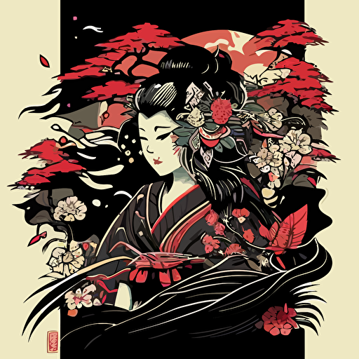 japan cartoons style,geisha,ultra detail, vector art, inspired by Kanō Hōgai, ukiyo-e, by joseph binder, official product photo, trending on pixart, by tite kubo, trending on artstration, background covered with chinese patterns and various monsters