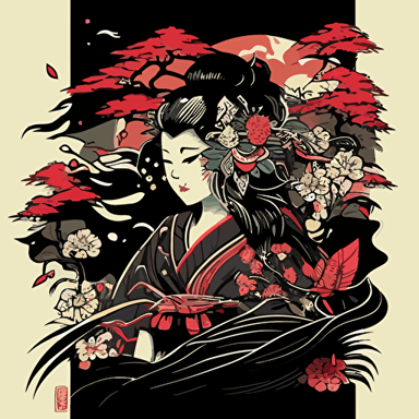 japan cartoons style,geisha,ultra detail, vector art, inspired by Kanō Hōgai, ukiyo-e, by joseph binder, official product photo, trending on pixart, by tite kubo, trending on artstration, background covered with chinese patterns and various monsters