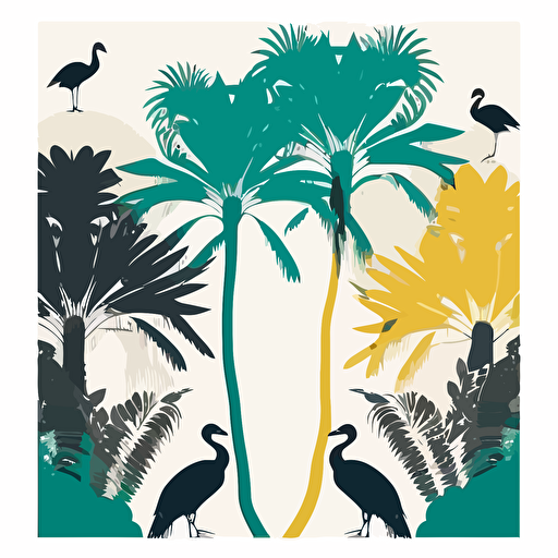 minimalist party poster with peacocks and banyan trees, tropical colors, Franz lenhart style, Travel poster vector style