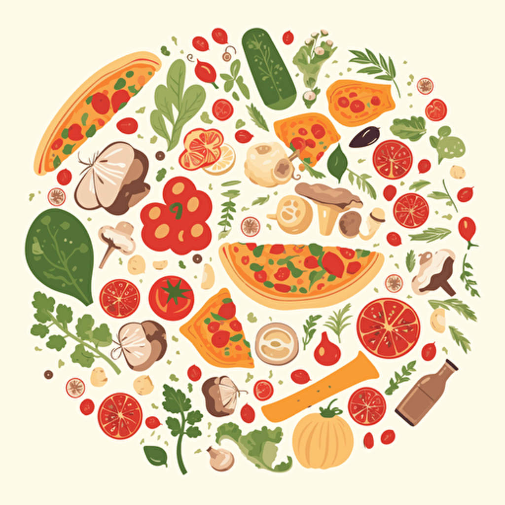 one color flat illustration of pizza ingredients on white background, vector art, no outline, pastel colors