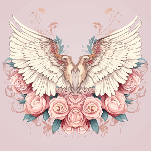 Illustration, one big pair of white angel wings, no body, just the wings, pink flowers outside the wings, simle mandala background, waterhouse style, vector