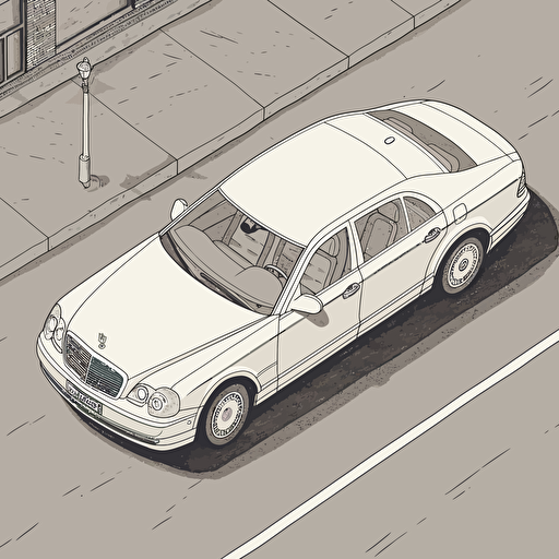 isometric world, two-tone 2003 Maybach 57, parked on street in Chicago, in the style of Matthew Skiff illustrations, in the style of Christopher Lee illustrations, in the style of Jonathan Ball illustrations, simple, rough-edged drawing, vector illustration, flat art,