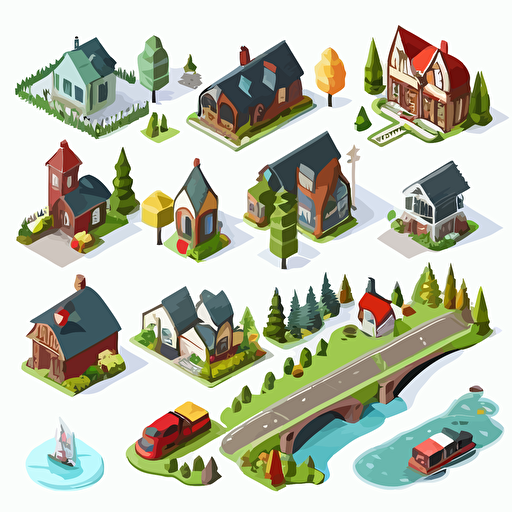 set of bright and happy isometric vector cartoon sprites in grid, english countryside, on white background, house, statue, lake, trees, train, village, town, bridge, mine, woods