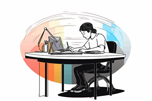 a vector illustration of a person writing or drawing at a round desk. White background