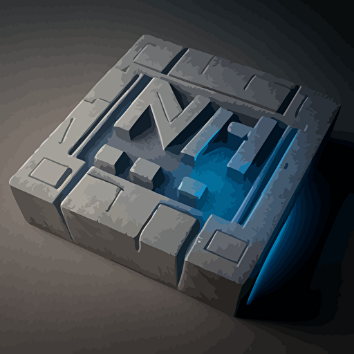 smooth flat gray logo vectorial stone in front view with giant inlaid letters reading "NIEM" and the I protruding as if carved into the stone, then tiny computer chip tech grids glowing with blue light embedded in the stone