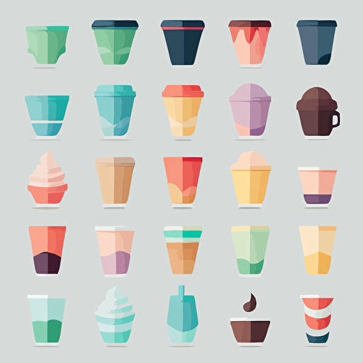 Vector art pack of cups. Flat colors, modern, White background, organized in a grid