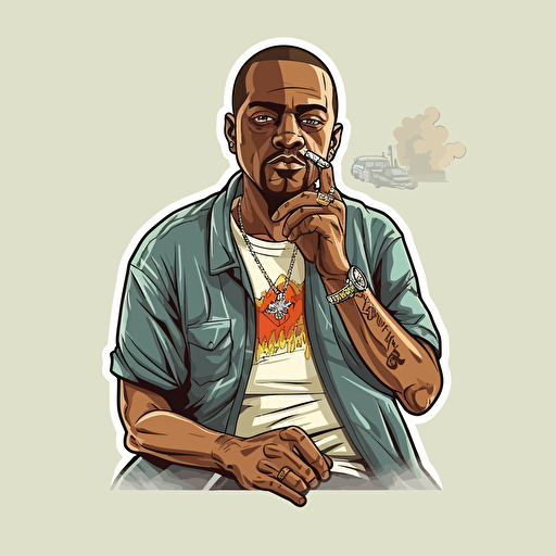 Stickers, vector art, gta 5 style, cj from gta san andreas with a joint in mouth, full-length