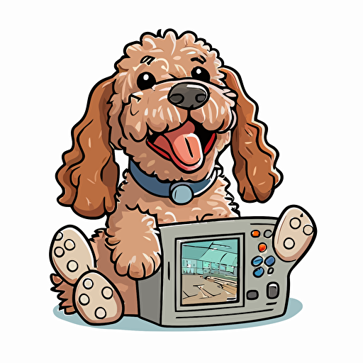 a very happy tan cockapoo playing video games cartoon style with white background, vector