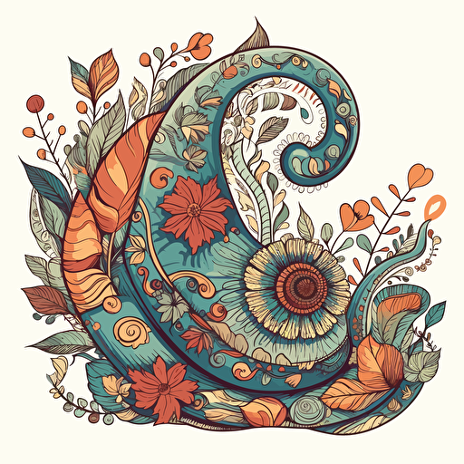 a beautiful snail with a surrounding floral design in detailed drawing style + simple vector + bright colors on a white background