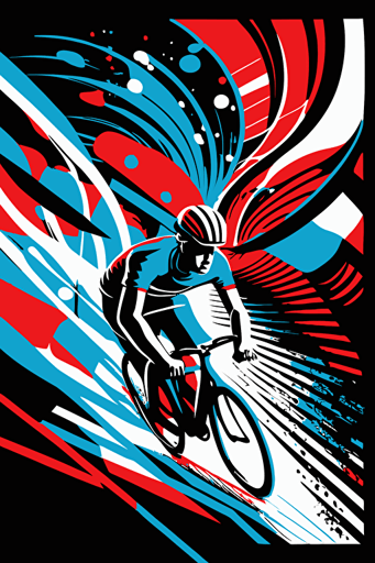 abstract cycling on mountain bike, blue, red and white colors, pop art deco illustration, hand vector art, black background,