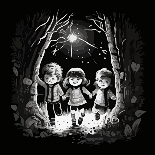 black and white vector illustration of two little boys and one little girl emerging happily from the woods.