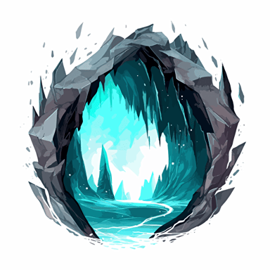 stylized turquoise-color illustration vector dark fantasy art clean / black and turquoise with white accents on a white background / showing a massive geode cave landscape with large, reflective faceted organic beautiful pointed crystals, holding a wide ocean extending to the bottom edge of the image