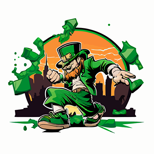leprechaun breakdancing in the bad part of the city, vector logo, vector art, emblem, simple cartoon, 2d, no text, white background