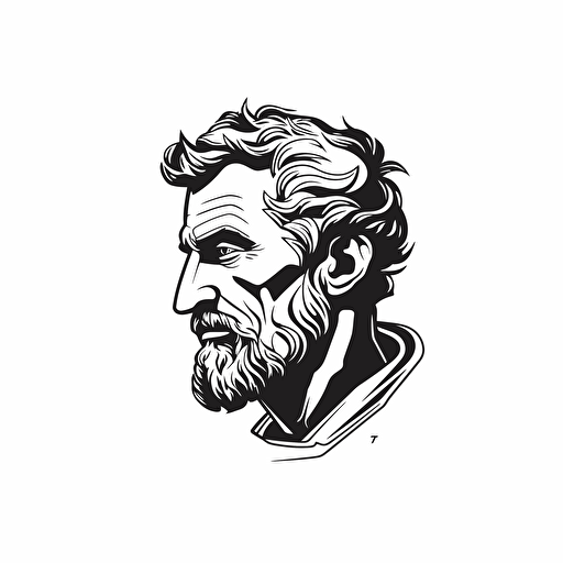 Seneca the younger illustration, minimal, outline strokes only, black and white, logo, vector, minimallistic, white background