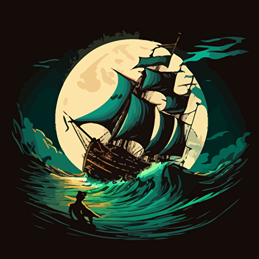 sloop at night in rough seas with a huge moon, vector style