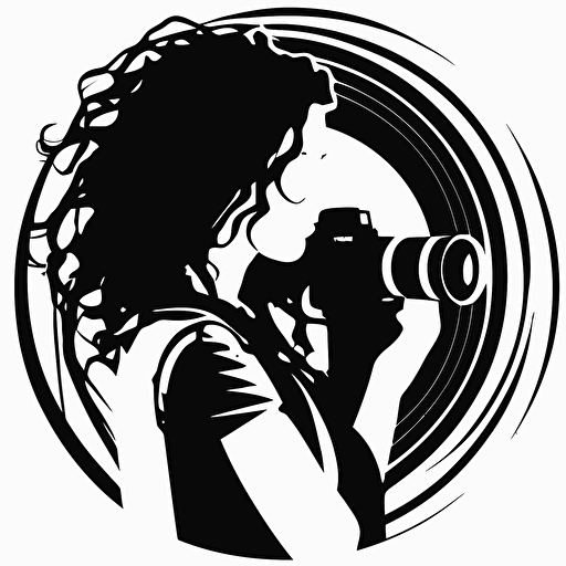 A solid 2 tone black and white stylised vectorized illustration of a silhouetted long curly haired women holding her camera in a circular symbol with with a full white background