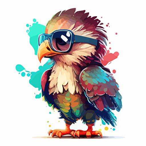 a very cute baby eagle wearing very big sunglasses dressed up as a marine , as a cartoon type, as a vector, white background, bright graffiti colors