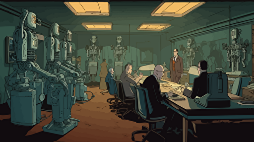 Vector color illustration in retrofuturist style in landscape format, the illustration shows a cabinet room. 10 people are sitting around a long work table on which many work files are placed. A small friendly robot brings in its arms big files. Atmosphere in the style of metropolis of friz lang, and 1984 of George Orwell.