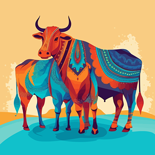 indian cows, they are decorated colorful, vivid, background light sky-blue and dark orange,vector illustration, detailed 2160p, minimalist