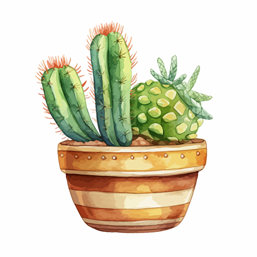 watercolor vector illustration cactus in a clay pot sticker white background