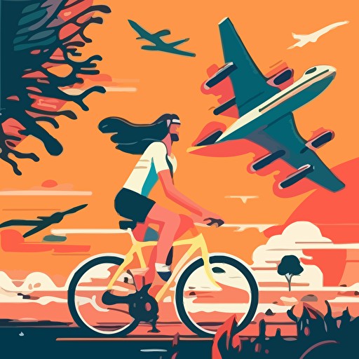 minimalistic illustration style girl riding bicycle in ukraine with plane Mriya flying on the background optimistic scenes of life calm colour palette 2D vector, Andrew Lyons style