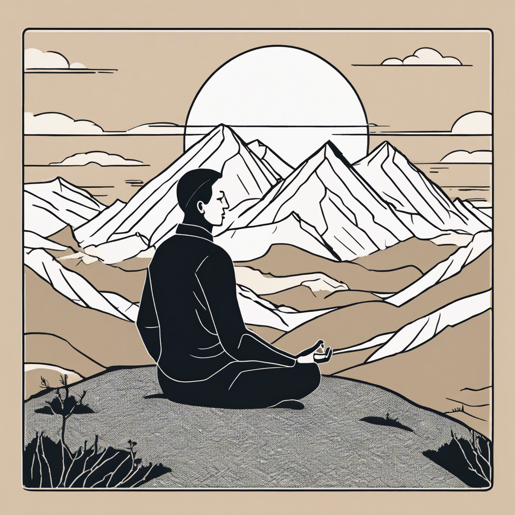 A person meditating at sunrise on a mountain., illustration in the style of Matt Blease, illustration, flat, simple, vector