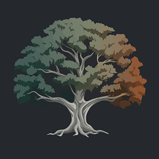 five color logo of an oak tree, side by side, it has to be asymmetric, simple, elegant, green color palette, on a dark gray #444654 background, design is vector style,
