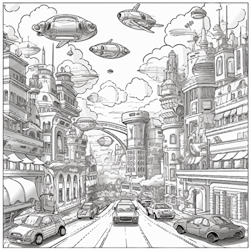 Futuristic City. Many Flying Cars. Black and White. Cartoon. Coloring page. Vector. Simple.