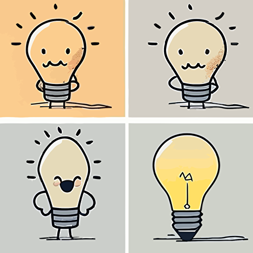 draw a 2D vector, cartoon, cute, happy light bulb, a simple drawing, in color but bordered with a black line, flat drawing and without details on a white background.